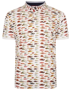 KAM Fish Print Grandad Collar Polo Shirt Ecru